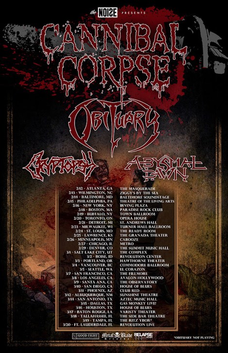 Cannibal Corpse, Obituary, Cryptopsy, and Abysmal Dawn for 2016 North American Tour